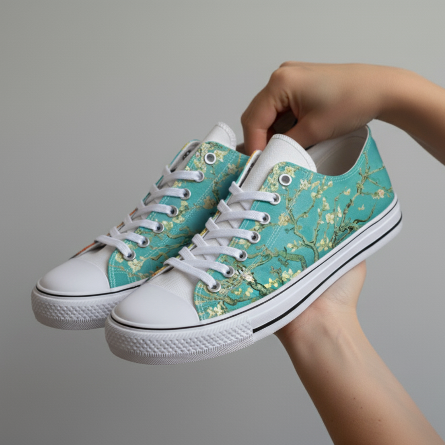 Turquoise Floral Art Print Casual Sneakers