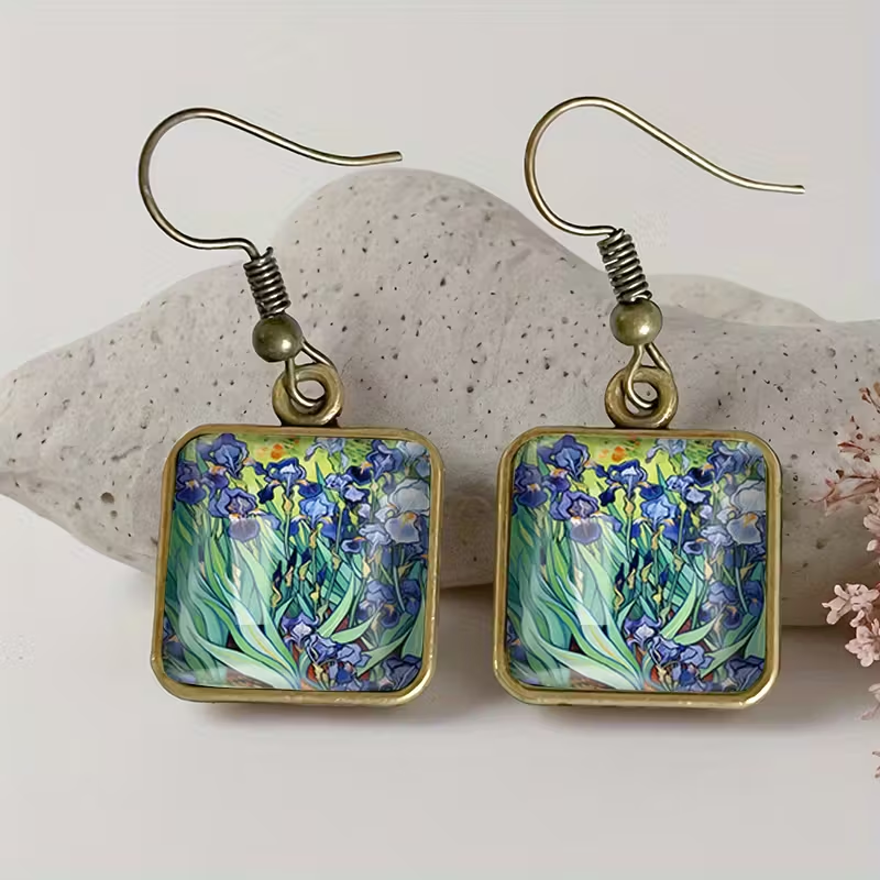 Irises Van Gogh Cubed Handpainted Earrings