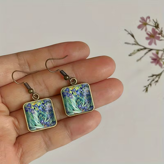 Irises Van Gogh Cubed Handpainted Earrings