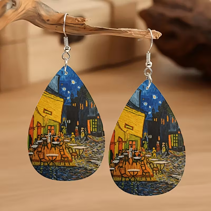 Café Terrace At Night Van Gogh Handpainted Earrings