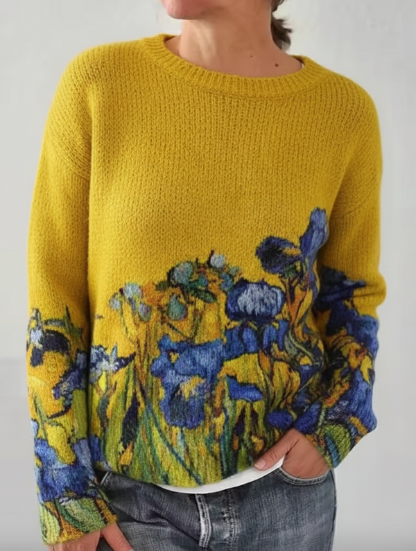 Van Gogh Style Blue Flower Print Sweater