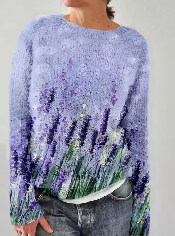 Soft Lilac Pullover with Artistic Floral Print